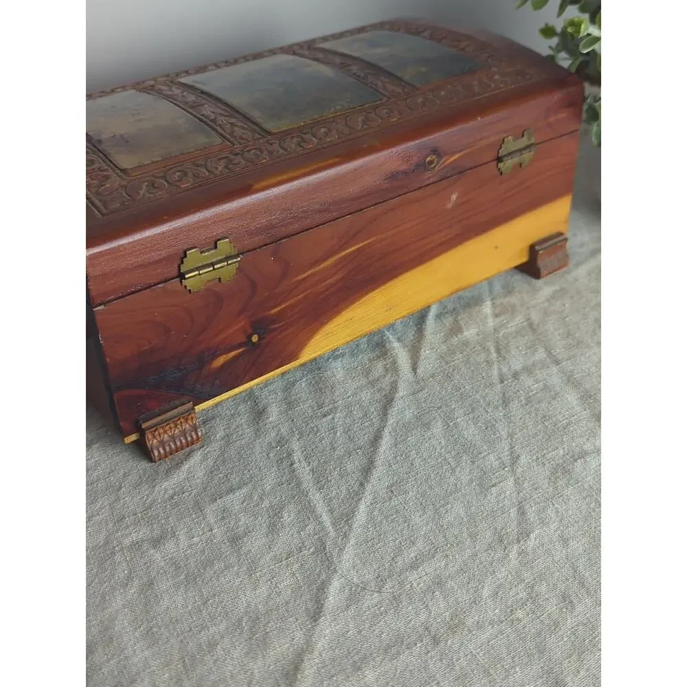 Vintage Carved Wood Keepsake Box | Storybook Cottage Jewelry Chest | Ornate Foot